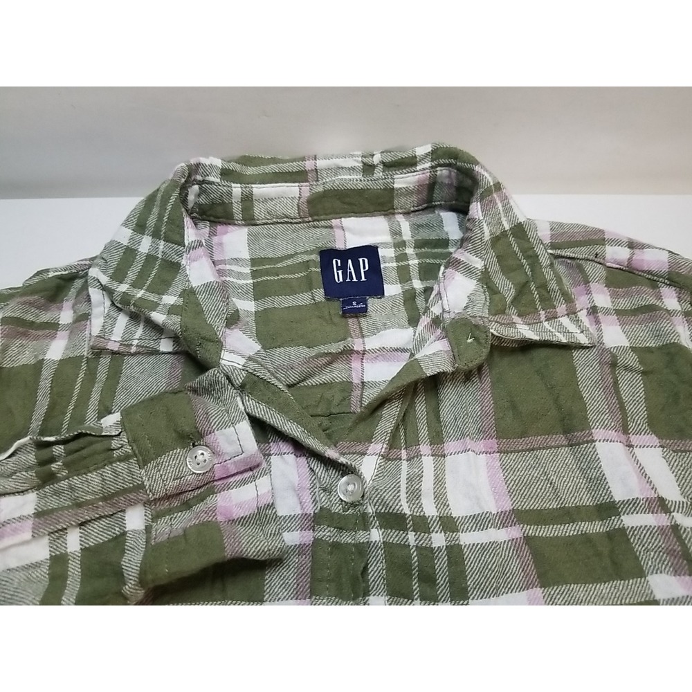 Gap Womens Small Flannel Plaid Shirt Long Sleeve Button Up Green Pink